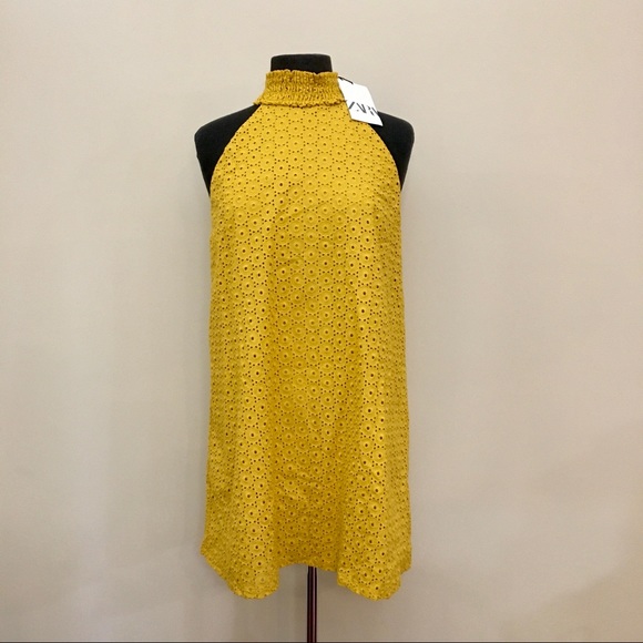 NWT ZARA Openwork Embroidery Eyelet Yellow Mini Shift Dress Women’s Small - Picture 2 of 12
